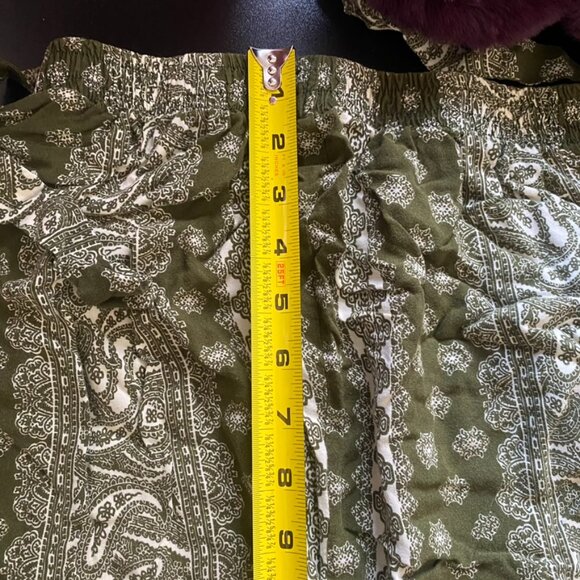 White Lotus Green and White Bohemian Print Tie Knot Elastic Pants with Pockets - Picture 11 of 13